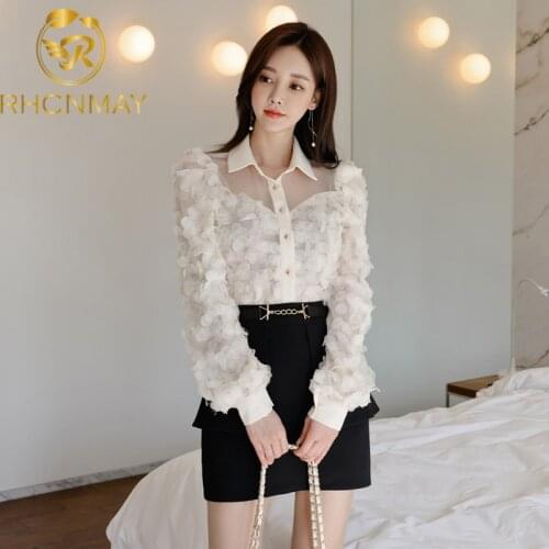 2021 Spring Korean Edition Temperament lapel Shirt Slim Single breasted pure colour Top +High waist skirt Two piece set