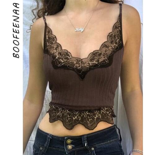 BOOFEENAA Brown Lace Trim Rib Knit V Neck Crop Tops Fairy Grunge Indie Aesthetic Clothes Girly Spaghetti Strap Tank Top C67-BB10