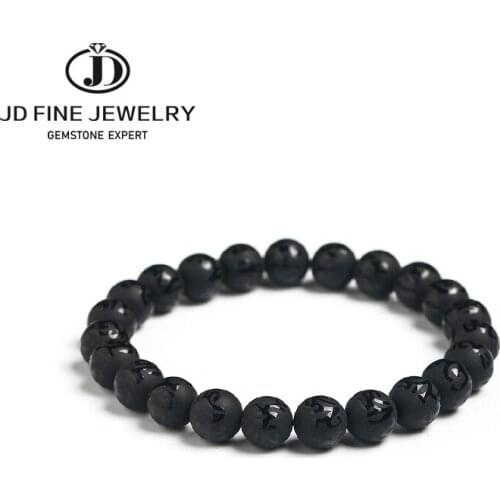 JD Natural Stone Bracelet Unisex Natural Frost Black Agate With Buddhist Words Bracelet Healing Balance Bracelets Charm Jewelry