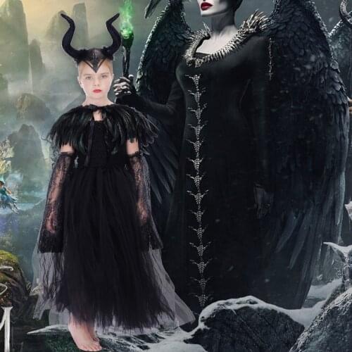 Kids Black Devil Tutu Costume Gothic Halloween Girls Fancy Tutu Dress with Feather Shawl Royal Dark Queen Black Gown Dress
