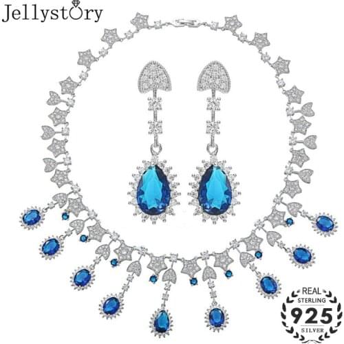 Jellystory luxury charm jewelry set with sapphire ruby emerald 925 sterling silver necklace earring for women wedding engagement