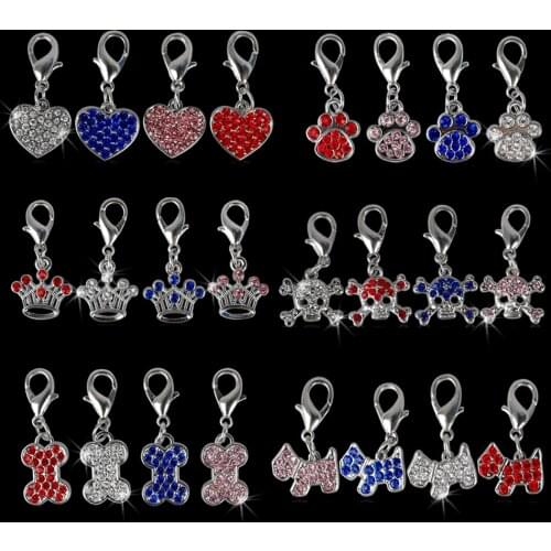 MOQ:12pcs Rhinestone Dog Tag Dogs Collar Pendants Charms DIY Dog Pet Pendants Tags 4 Colors 6 Types