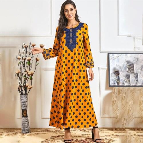 Muslim dress Fashion Spring and Autumn Womens Yellow Polka Dot Printed Ethnic Embroidery Casual Comfortable Abaya Dubai Dresses