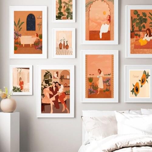 Boho Wall Art Canvas Painting Vintage Girl Sky Monstera Leaf Vase Nordic Posters And Prints Decor Pictures For Living Room Mural