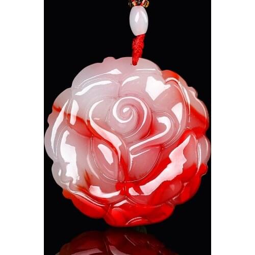 Natural Red White Jade Rose Flower Pendant Necklace Chinese Hand-Carved Charm Jewelry Fashion Accessories Amulet for Men Women
