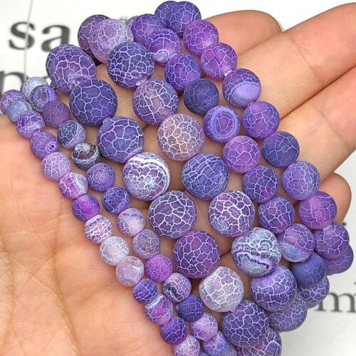 Natural Frost Matte Purple Cracked Dragon Vein Dream Fire Agates Stone Loose Spacer Beads For Jewelry Making DIY Charm Bracelets