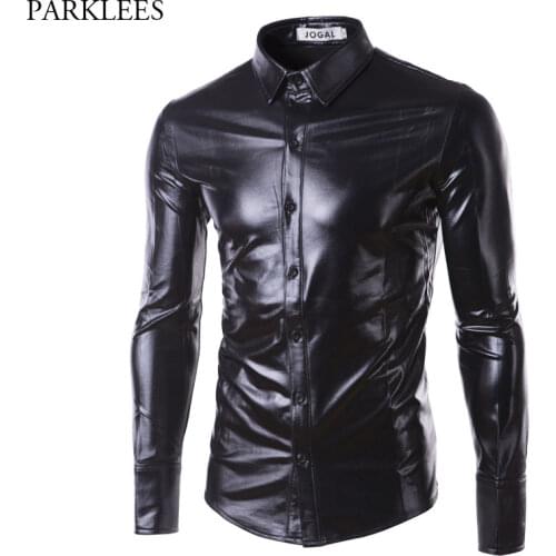 Night Club Wear Mens Dress Shirts Camisa Social 2021 Brand Slim Long Sleeve Shirt Men Coated Metallic Button Down Black Shirts