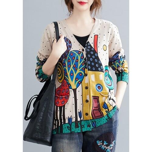 Autumn Women Vintage Knitted Cardigan Printing V Neck Long Sleeves Pockets Loose Sweater Sweatshirts Casual Tops