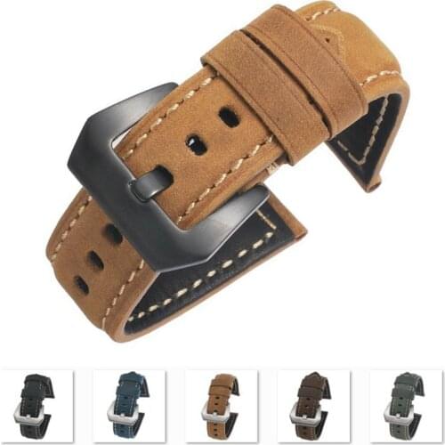 Vintage Genuine Leather watch Strap For Panerai Crazy Horse sport watch band Solid Buckle men 20mm 22mm 24mm 26mm brown blue