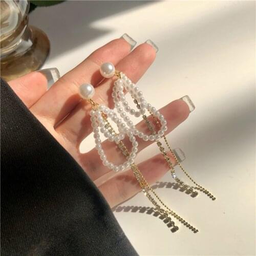 Korean Temperament Imitation Pearl Tassel Clip on Earrings Female Round Long Rhinestone Chain Clip Earrings Without Piercing