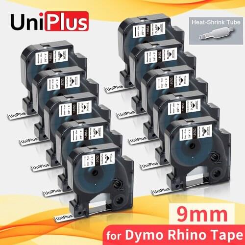 UniPlus 10PK 18053 9mm Label Tape Heat Shrink Tube Compatible Dymo Tape Black on White for Dymo Rhino 4200 4000 5000 Label Maker