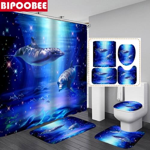 Deep Ocean Dolphin 3D Printing Waterproof Fabric Shower Curtains Set Bathroom Curtain Toilet Cover Mat Non Slip Rug Home Decor