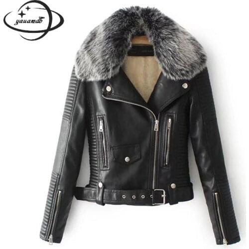 Womens Faux Leather Jacket Spring Autumn Female Coat Clothing Turn-down Fur Collar Add Wool Pu Ladies Outerwear Clothes H119