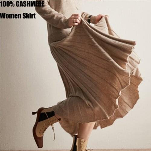 New 100 Pure cashmere skirt Women ladies pleated thick knit Autumn Winter Warm A-Line big swing skirt striped wide mid-length