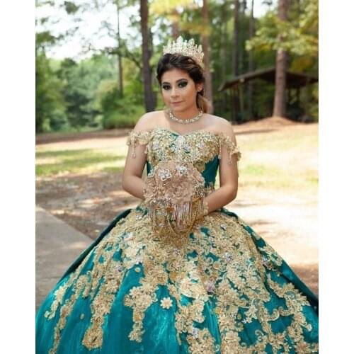 Luxury Mexican Quinceanera Dresses Crystal Beads Lace Appliqued Sweet 16 Dress Off the Shoulder vestidos de XV 15 años