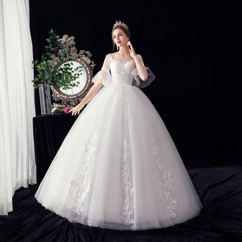 Half Sleeves 2020 New Beads Applique floor length Ball Gown Lace Wedding Dresses Celebrity vestido De Noiva robe de mariee