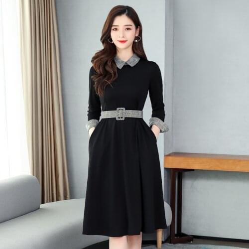 Elegant Office Ladies Work Dress Autumn Winter Long Sleeve Slim Thick Warm Patchwork Plaid Dress Ladies Casual Knee-Length Dress