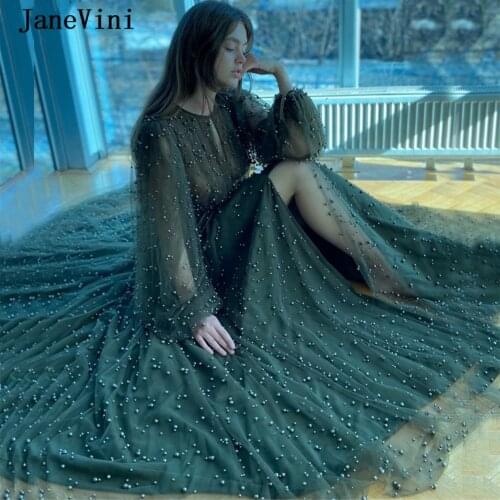 JaneVini 2020 Charming Tulle Arabic Evening Dresses with Ling Sleeve Full Pearls A line High Split Sweep Train Women Dinner Gown