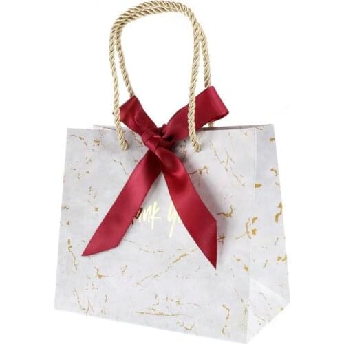 10Pcs Festival Christmas Gift Paper Bag Marble Kraft Paper Bag New Year Packaging Bag Twist Handle with Golden Ribbon
