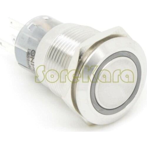 19mm Stainless 6V/12V/24V/110V/220V Colorful Ring LED Light Momentary/Latching 1NO 1NC/2NO 2NC Pushbutton Switch Pin For Auto