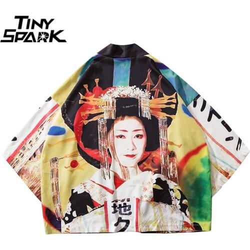 2021 Japanese Kimono Jacket Geisha Printed Harajuku Hip Hop Men Japan Style Streetwear Jackets Summer Thin Clothes Loose Kimono