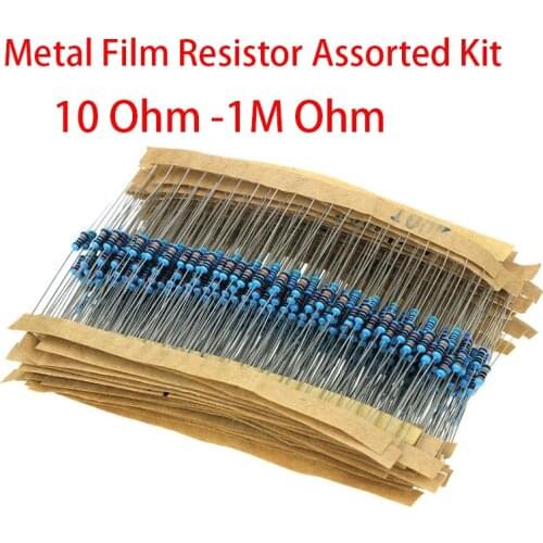 30values each 20pcs =600pcs Metal Film Resistor Assorted Kit 1% 1/4W 10 Ohm -1M Ohm 10R 22R 47R 100R 200R 1K 2K 10K 100K 220K