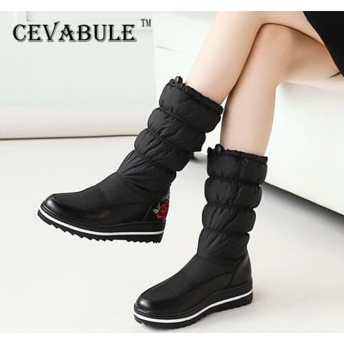 CEVABULE 2021 Tight Loose Sleeve Slope Heel Casual Boots Down Cloth Snow Boots Middle Tube Boots Order Large Size Boots TYX