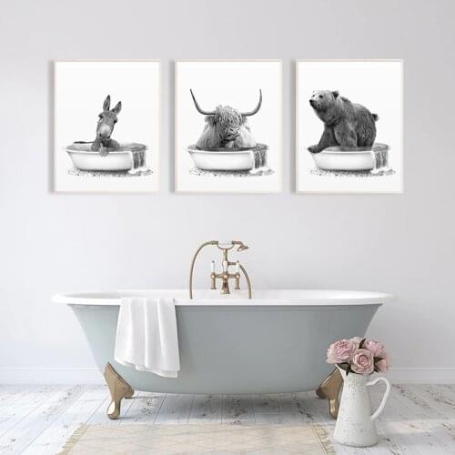 Black and White Animals in Bathtub Painting Wall Art Bathroom Poster Bear Hippo Canvas Print Nursery Picture for Kids Room Decor