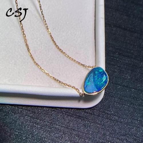 CSJ 100% Natural Opal Necklace Sterling 10K Yellow Gold Pendant for Women Party Wedding Engagement Birthday Gift Fine Jewelry