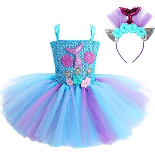Kids Girls Mermaid Tail Costume Outfit Sleeveless 3D Flower Mesh Tutu Dress with Hair Hoop for Halloween Carnival Cosplay Party