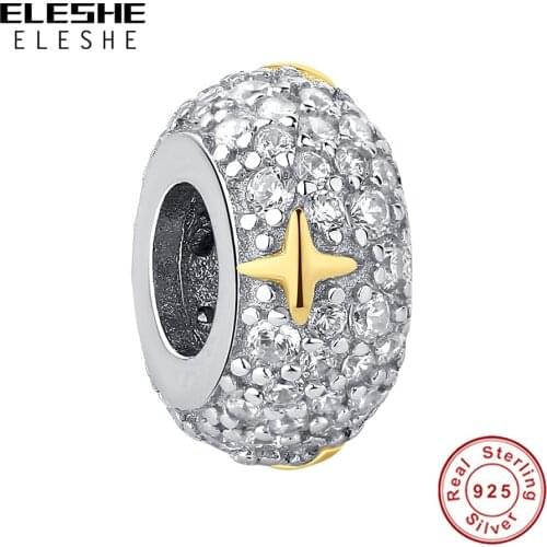 ELESHE Sparkling Tiny CZ Gold Star Bead for Women Luxury Jewelry 925 Sterling Silver Charm for Wemen fit Original Bracelets