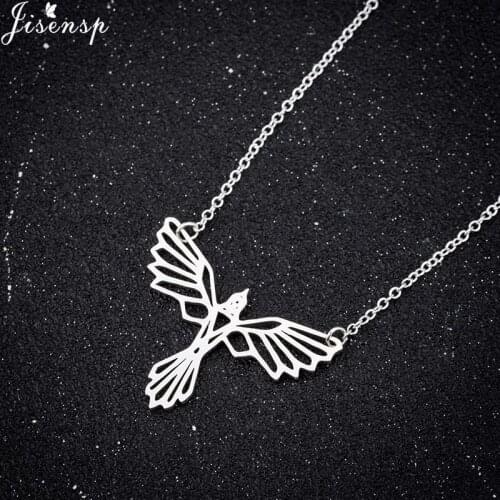 Jisensp Fashion Jewelry Vintage Origami Phoenix Stainless Steel Necklace Hollow Bird Pendant Necklace for Women Girls Gift