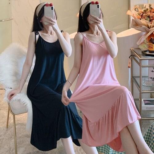 2020 Summer Sexy Lingerie Spaghetti Strap Modal Nightgown for Women Loose Long Dress Sleepwear Nightdress Night Gown Home Nighty