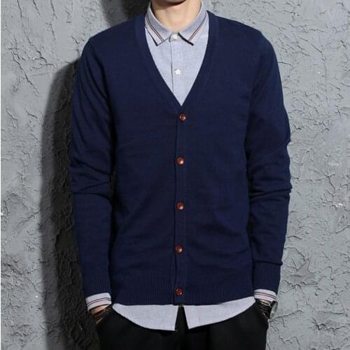 Men Cardigan Sweater Mens V-Neck Sweaters Loose Solid Button Fit Knitting Casual Pure Cotton Knitwear