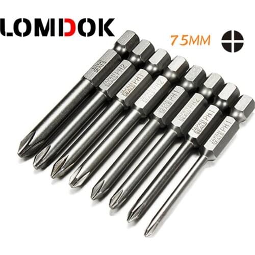 LOMDOK 8pcs 75mm Long Magnetic Hex Cross Head Screwdriver Bits Electric Screwdriver Set S2 PH0,PH1,PH2