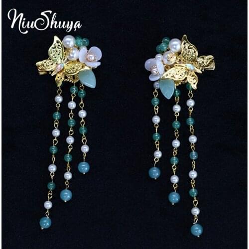 NiuShuya Ancient Chinese Hanfu Dress Hair Jewelry Gold Butterfly Pearls Hairpins Headpieces Women Girl Hair Ornaments