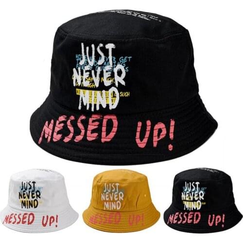 1PC Unisex Harajuku Bucket Hat Fishing Outdoor Hip Hop Cap For Women Mens Summer Fisherman Hat JUST NEVER MIND Pattern