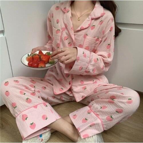 Pijamas women long sleeve autumn winter pajamas set cute print cotton ladies sleepwear home suit lapel long pant pyjama femme