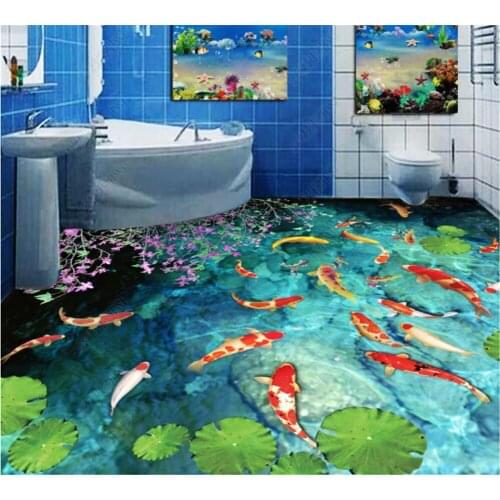 Beibehang Custom thick floor mural fashion stream pond carp bathroom toilet warm bedroom 3D floor painting papel de parede