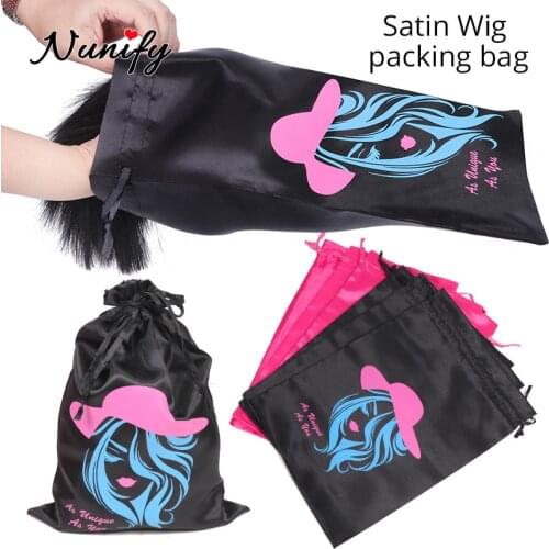 One Dozen Wig Storage Bag Wholesale Drawstring Bag For Hair 12Pcs/Lot Black Pink Satin Hair Bag For Hair Extensions Wigs