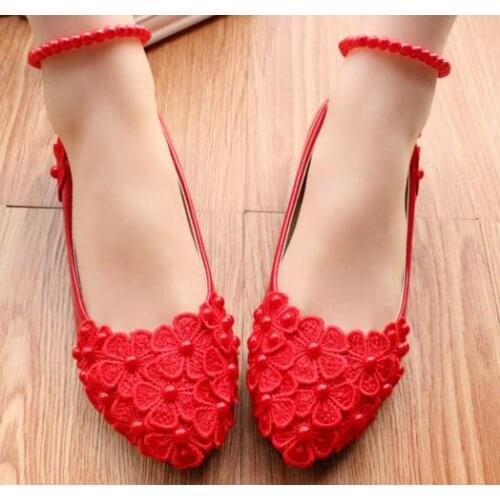 Red lace party pumps shoes woman romantic elegant handmade low med high heels ladies dinner pary red proms dress shoes