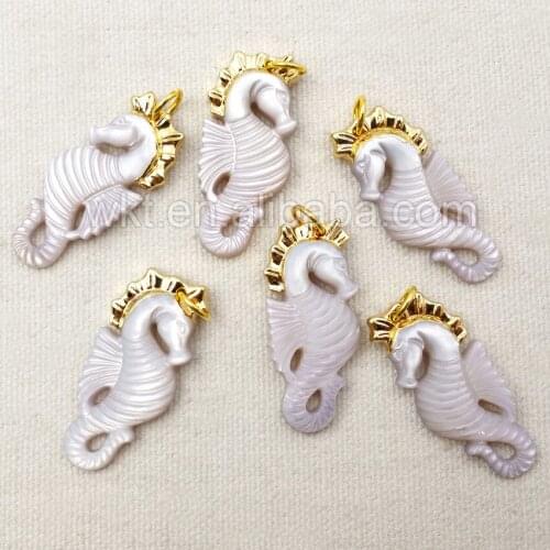 WT-P1052 Wholesale natural shell with 24k gold color on edged, 16*35mm hippocampus for jewelry making