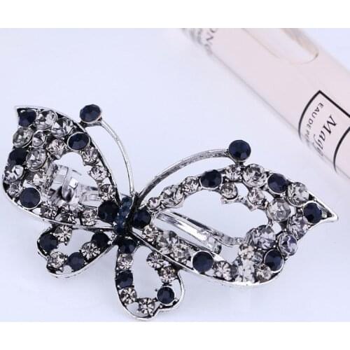 Medium Size Butterfly Hair Clip Barrette Crystal Rhinestone Vintage Metal Ponytail Holder Antique Silver Plated Hair Jewelry