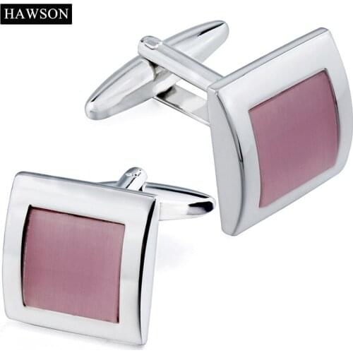 HAWSON New Trendy Square Cufflinks Pink Cats Eye Stone Young Male French Shirts Cuff Links Fashion Mens Jewelry with Box