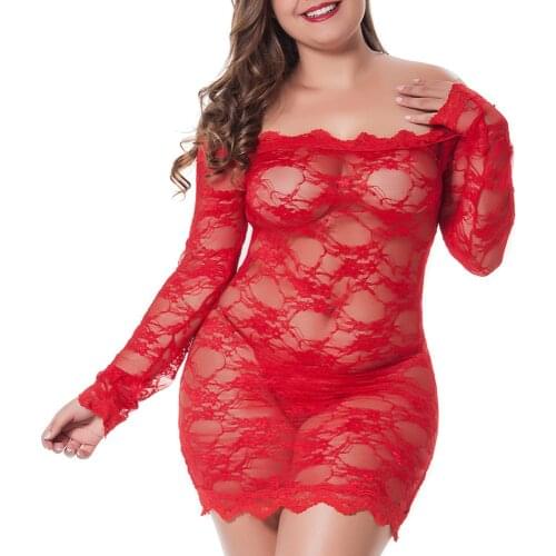 Plus Size Sexy Pajamas Off-Shoulder Women Hot Lace Underwear 2021 Female Long Sleeve Solid Exotic See Through Nightdress