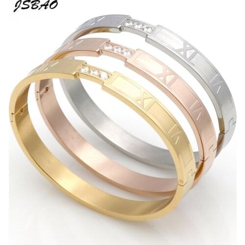 JSBAO High Quality Stainless Steel Womens Bracelet Bangle Jewelry With Cubic Zirconia Roman Number Women Fashion Bracelet