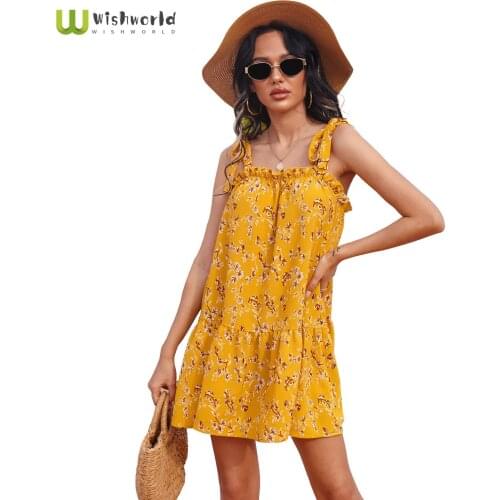 2021 Summer European and American Ruffle Pleated Sling Printed High Waist Dress Fashion Women Mini Sundress MIDI Party Dress