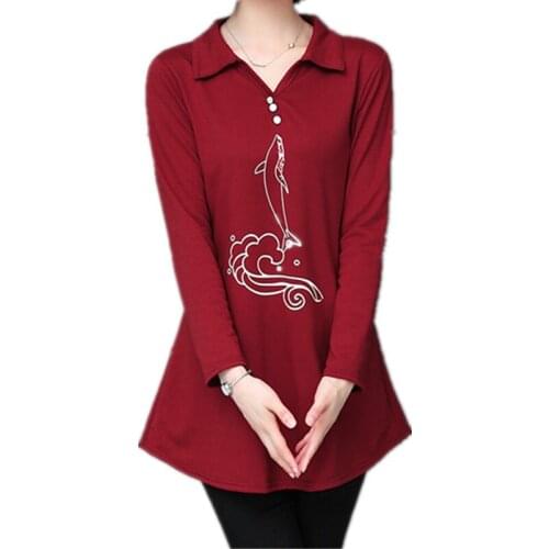 Womens Blouses Turn-down Collar Loose Flair Blouse Embroidered Shirt Tops Casual Vintage Work Plus Size Women Blouse