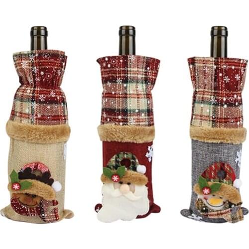 2022 New Year Christmas Wine Bottle Cover Linen Plaid Stripe Dustproof Decorations Home Dinner Ornament Xmas Holiday Gift