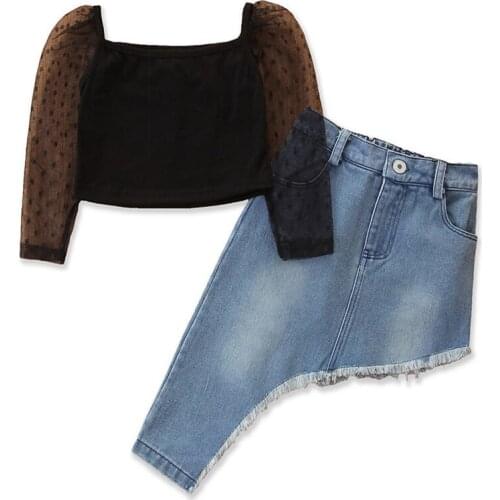 Childrens Clothing Baby Girl Clothes Girl Clothing Kids Suit Costume For Girls Mesh Sleeve Pullover + Irregular Denim Skirt Set